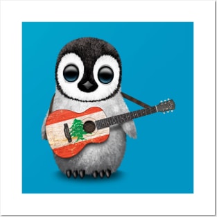 Baby Penguin Playing Lebanese Flag Guitar Posters and Art